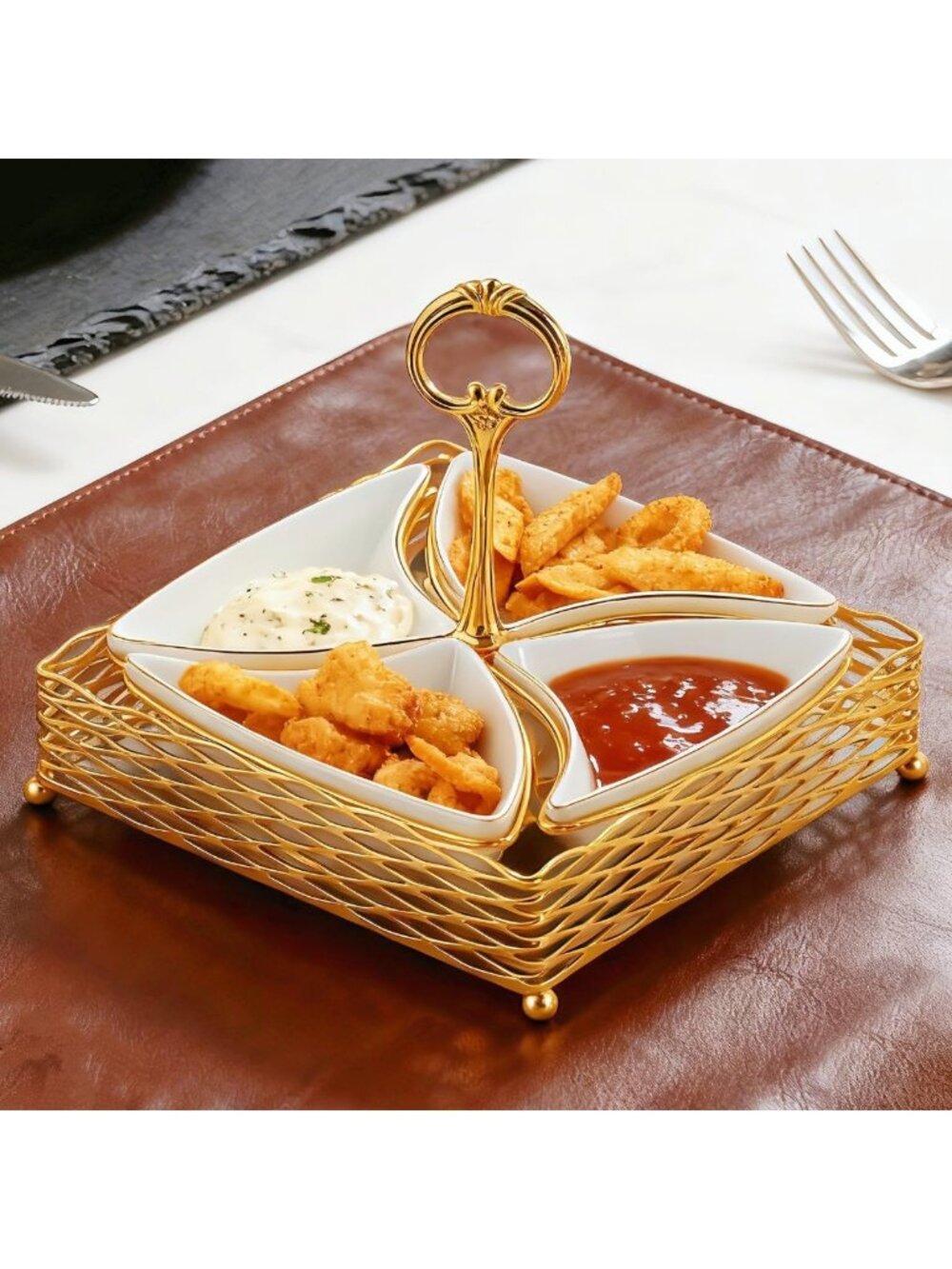 Modern 4-Compartment Ceramic Appetizer Tray & Dip Set - Perfect for Parties!